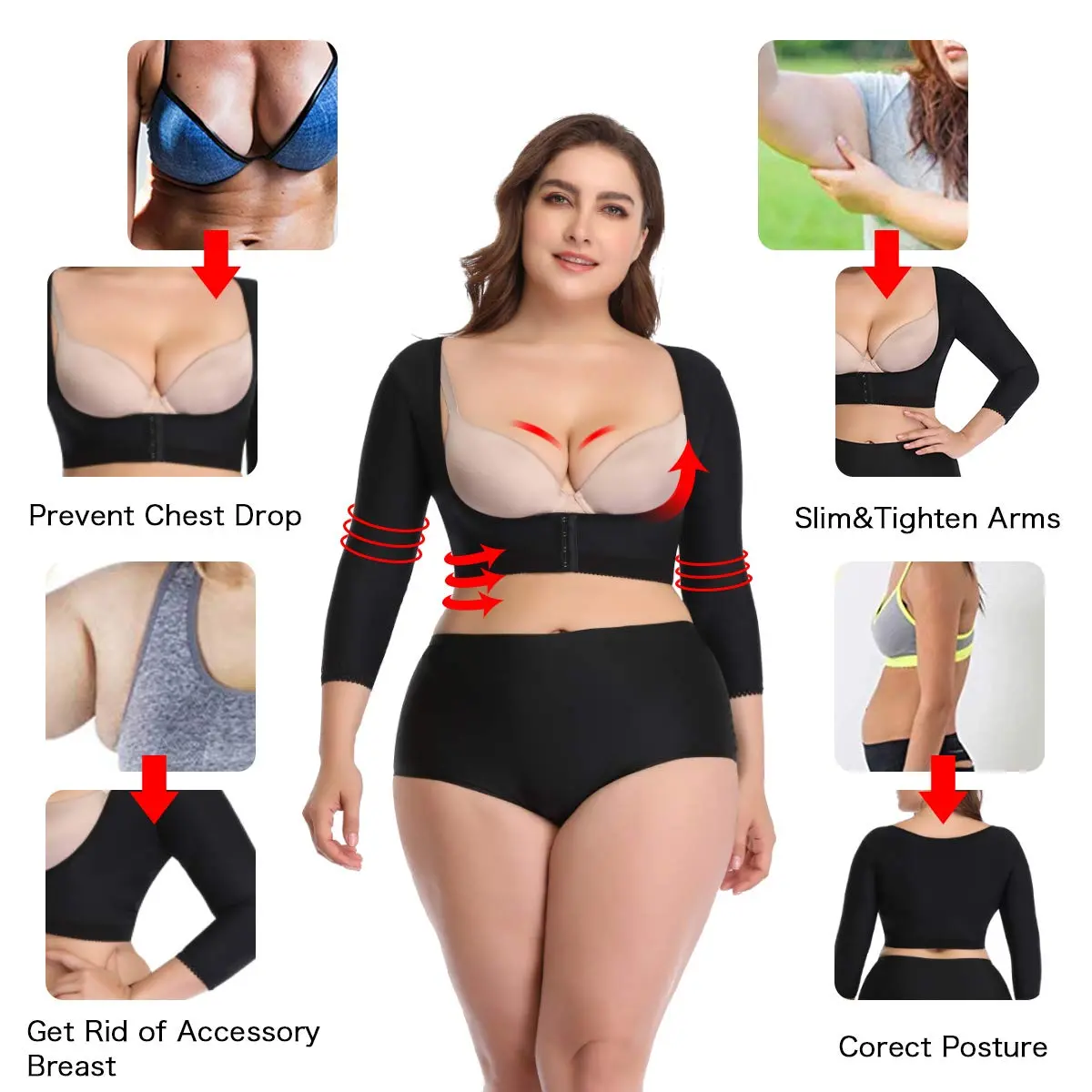 woahee Women's Arm Shaper Plus Size Arm Faja Compression Sleeve for Post Surgical Recovery, Black Large - view 2