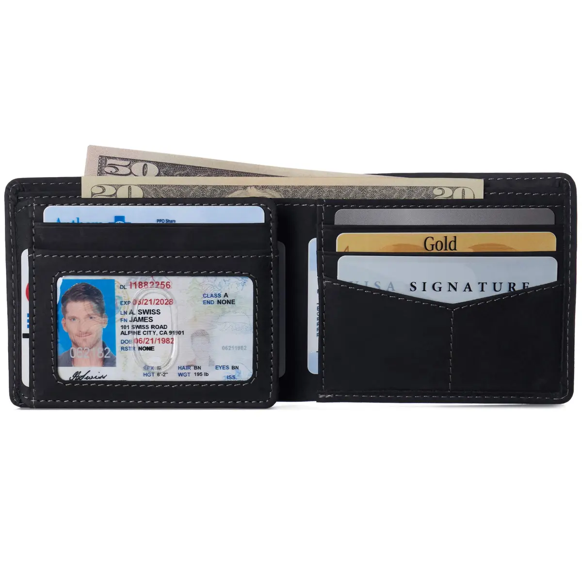 Alpine Swiss Mens Wallet for Men | RFID Protected Leather Bifold | Nubuck Black | 14 Pockets - view 5