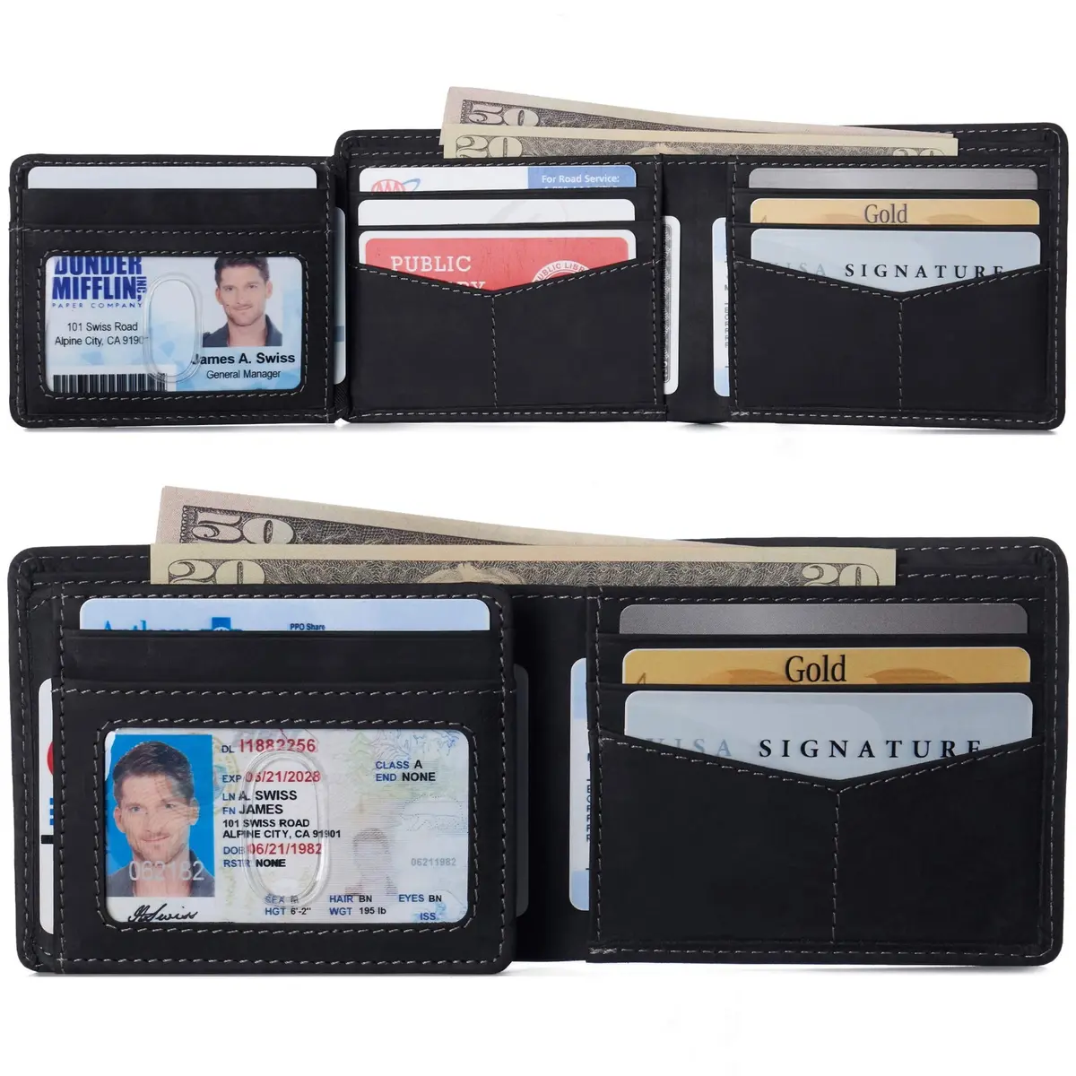 Alpine Swiss Mens Wallet for Men | RFID Protected Leather Bifold | Nubuck Black | 14 Pockets - view 2