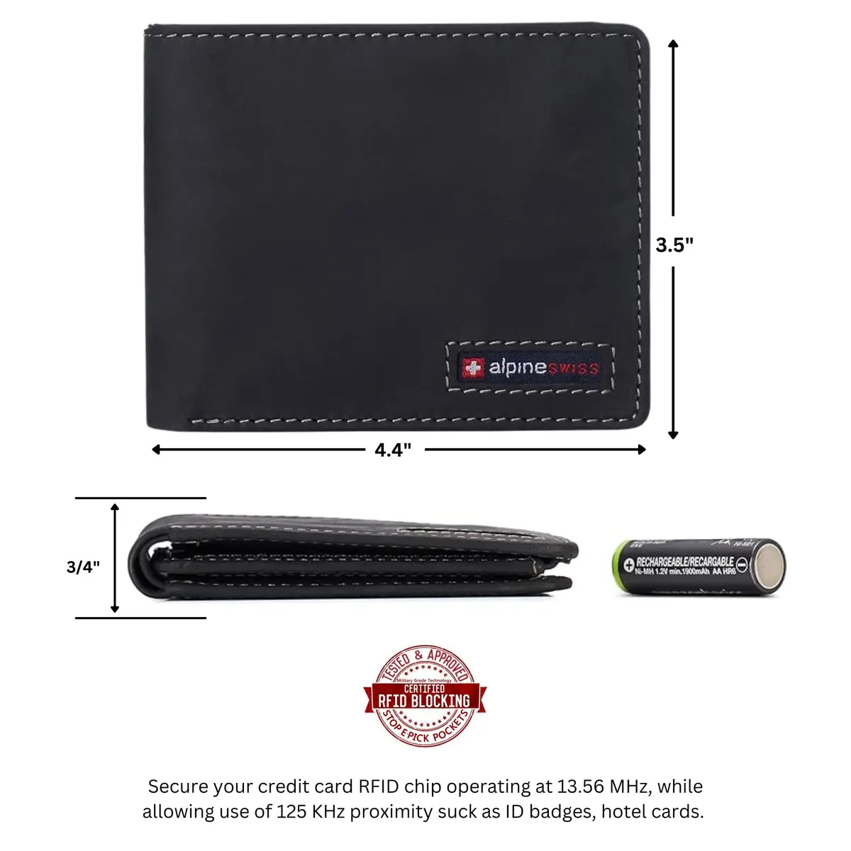 Alpine Swiss Mens Wallet for Men | RFID Protected Leather Bifold | Nubuck Black | 14 Pockets - view 3