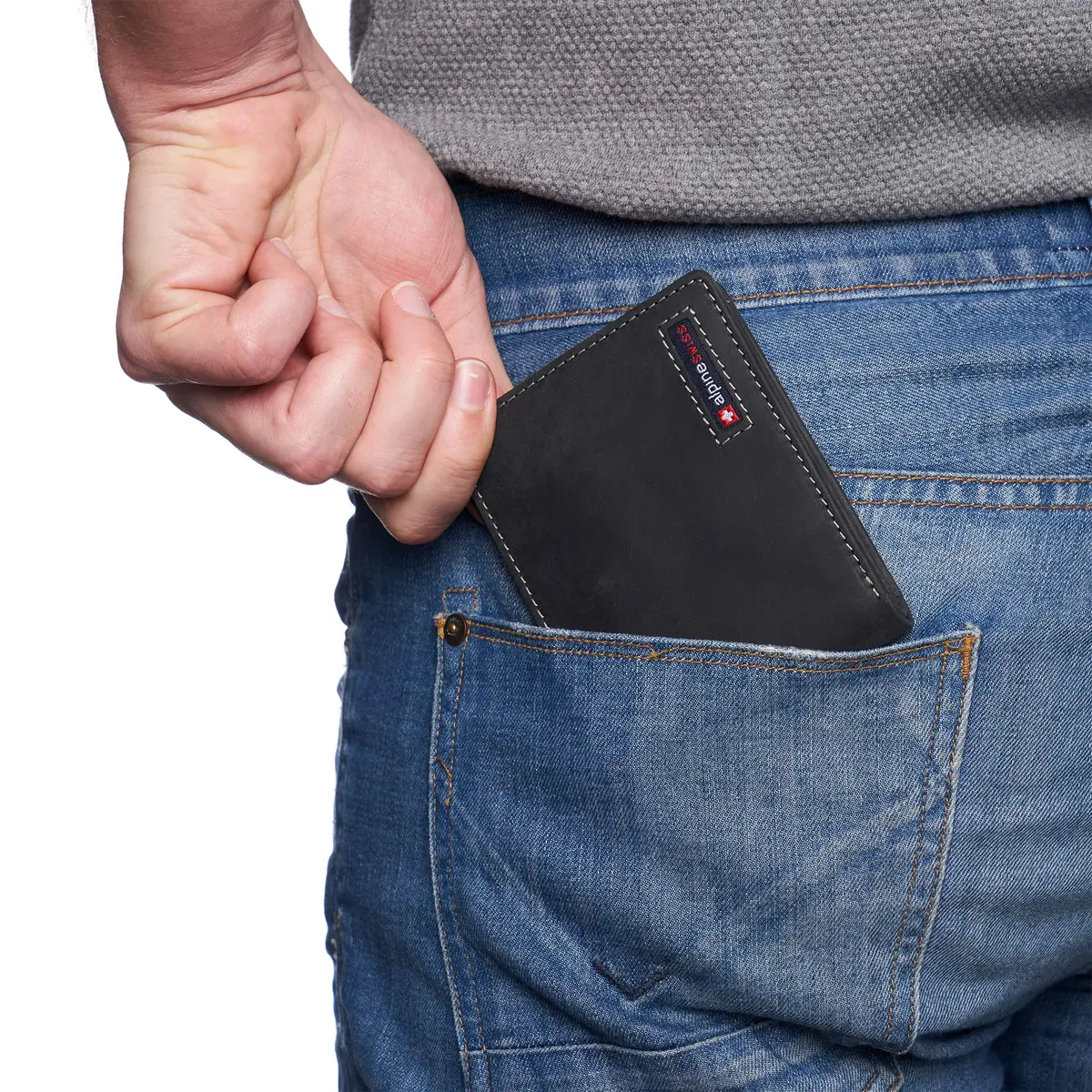 Alpine Swiss Mens Wallet for Men | RFID Protected Leather Bifold | Nubuck Black | 14 Pockets - view 4