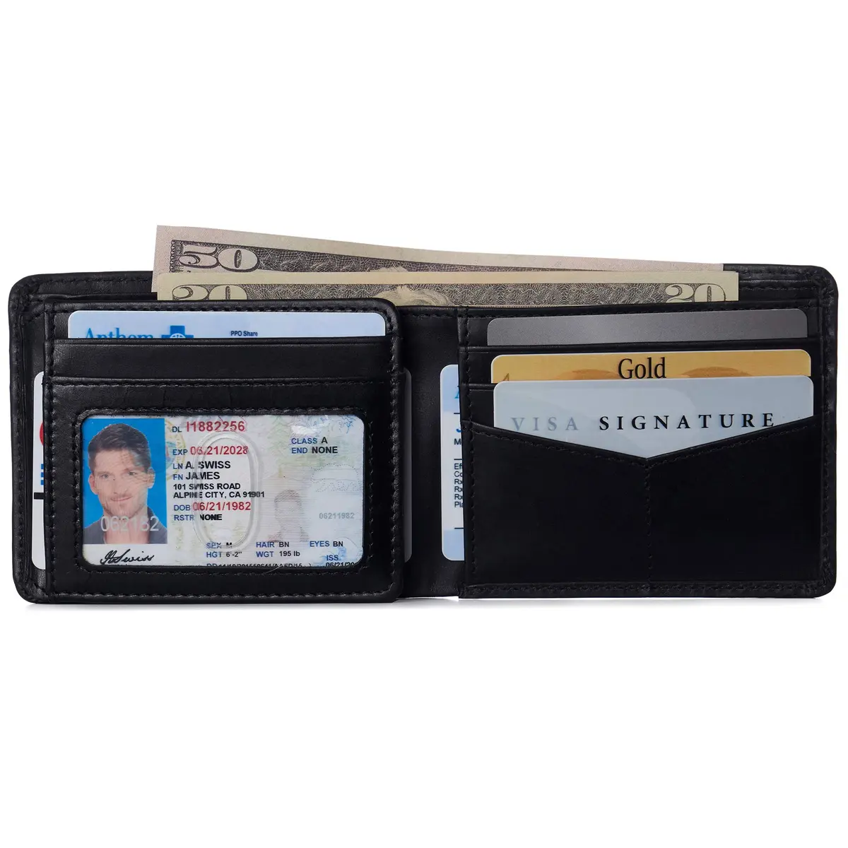 Alpine Swiss Mens Wallet for Men | RFID Protected Leather Bifold | 14 Card Pockets | Gift Box | 2 ID Windows | Glossy Nappa Black - view 5