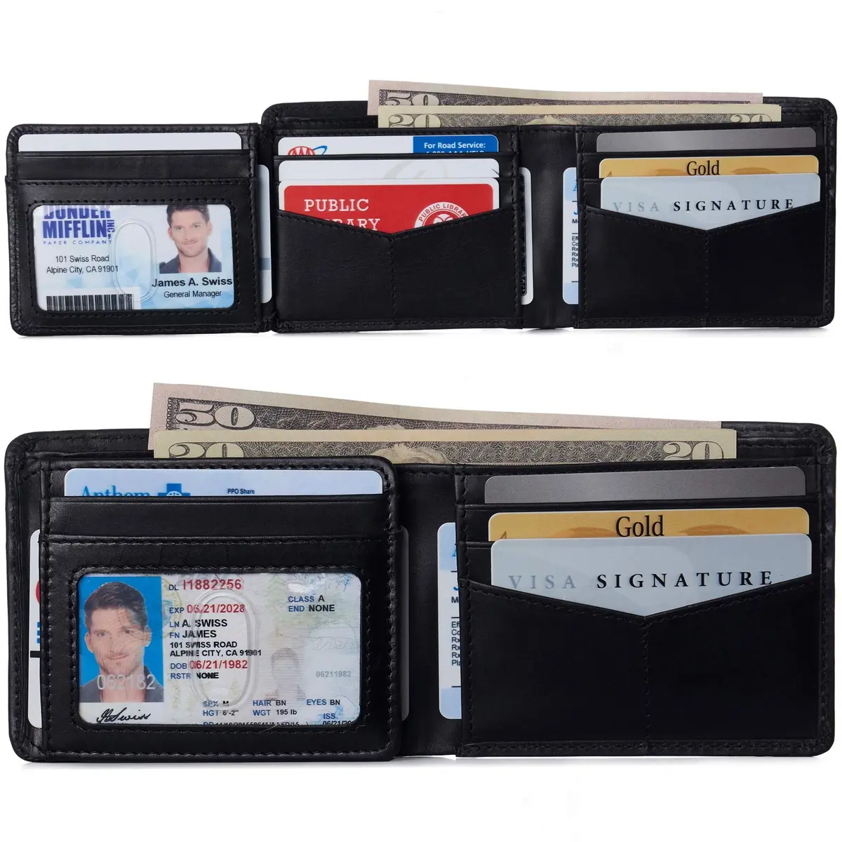 Alpine Swiss Mens Wallet for Men | RFID Protected Leather Bifold | 14 Card Pockets | Gift Box | 2 ID Windows | Glossy Nappa Black - view 2