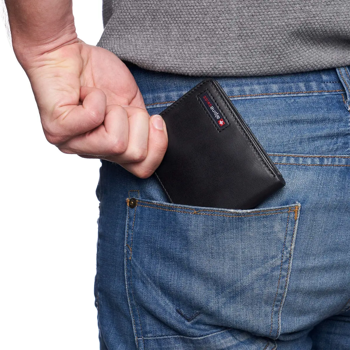 Alpine Swiss Mens Wallet for Men | RFID Protected Leather Bifold | 14 Card Pockets | Gift Box | 2 ID Windows | Glossy Nappa Black - view 4