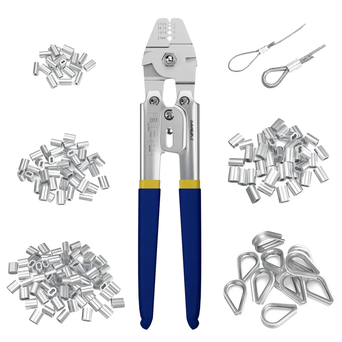 Sanuke Wire Rope Crimping Kit with 160pcs Ferrule Sleeves & 10pcs Steel Thimbles | 2.2mm Cable Swaging Tool - main product image