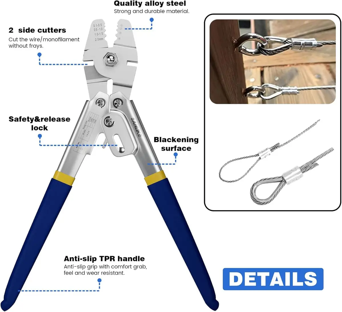 Sanuke Wire Rope Crimping Kit with 160pcs Ferrule Sleeves & 10pcs Steel Thimbles | 2.2mm Cable Swaging Tool - view 7