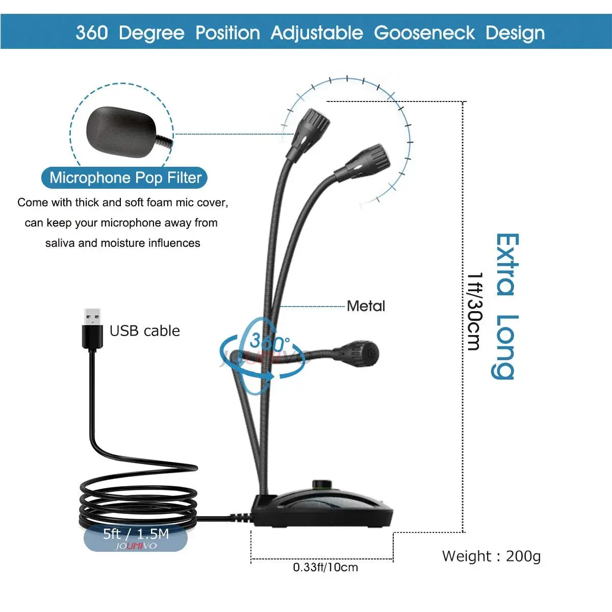 JOUNIVO JV603PRO USB Condenser Microphone for PC & Mac | Cardioid Podcast Mic with Mute Button & LED - view 3