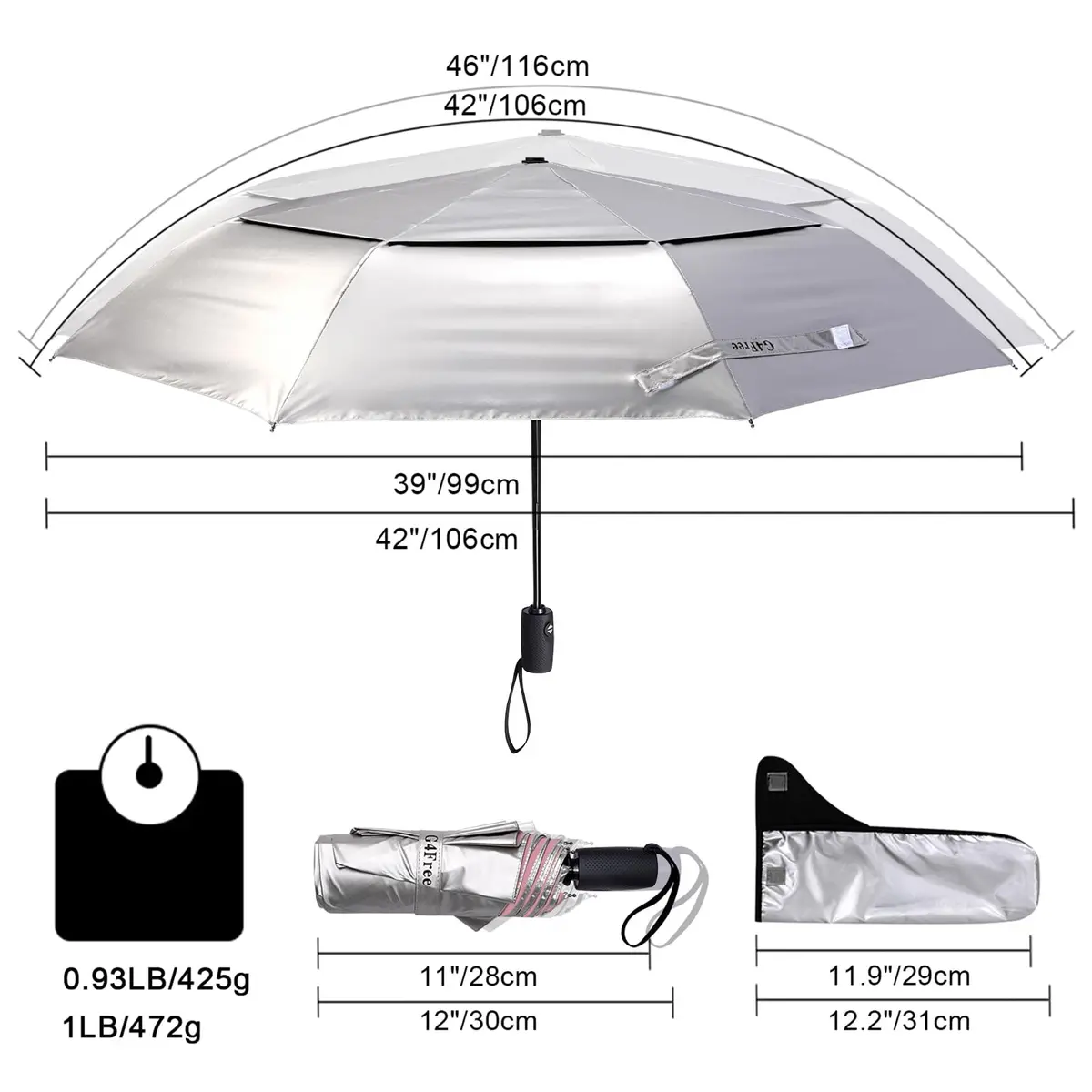 G4Free UPF 50+ UV Protection Travel Umbrella 46 Inch Sun Umbrella | Windproof & Waterproof with Silver Coating - view 5