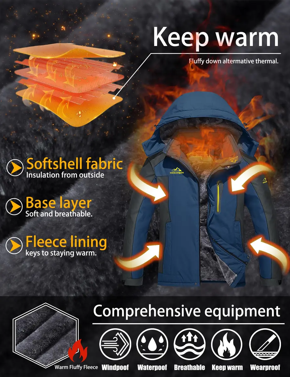 TACVASEN Men's Ski Jacket with Fleece Lining & Detachable Hood - Navy Medium | Water-Resistant & Windproof - view 3