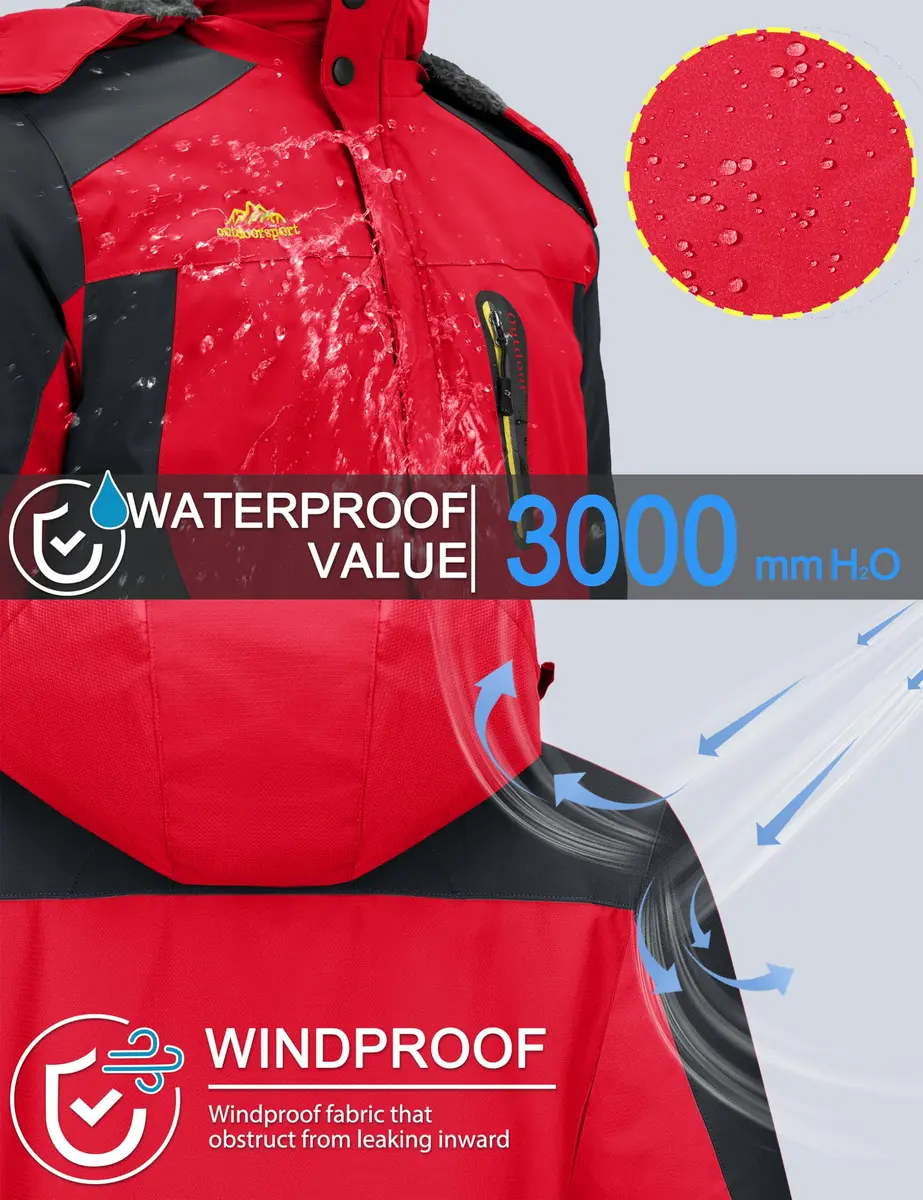 TACVASEN Men's Waterproof Ski Jacket Red XL | Windproof Fleece Lined Snowboard Coat - view 2