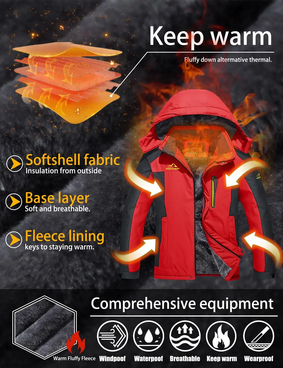 TACVASEN Men's Waterproof Ski Jacket Red XL | Windproof Fleece Lined Snowboard Coat - view 3