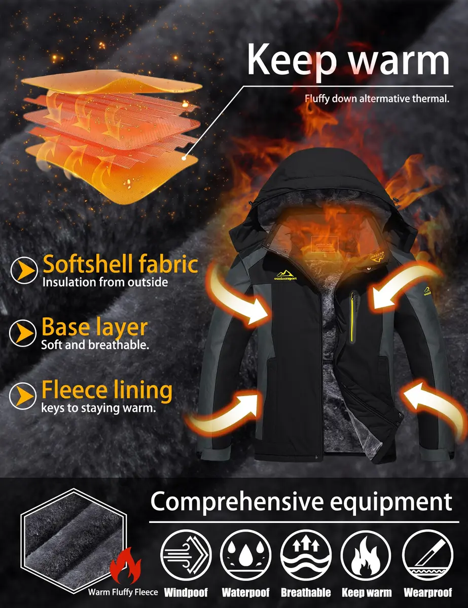 TACVASEN Men's Waterproof Ski Jacket XL (1.17 kg / 2.6 lb) | Windproof Fleece Lined Snowboard Coat - view 3