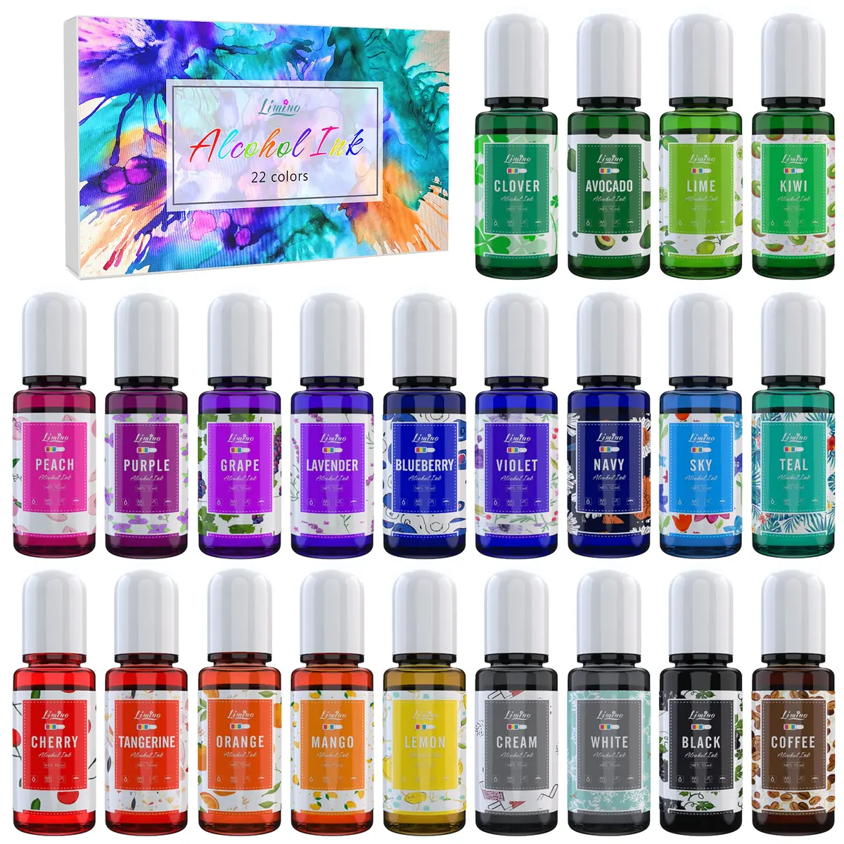 Limino Alcohol Ink Set 22 Colors 220ml (7.44 Fl Oz) | Highly Pigmented for Resin Art & Crafts - main product image