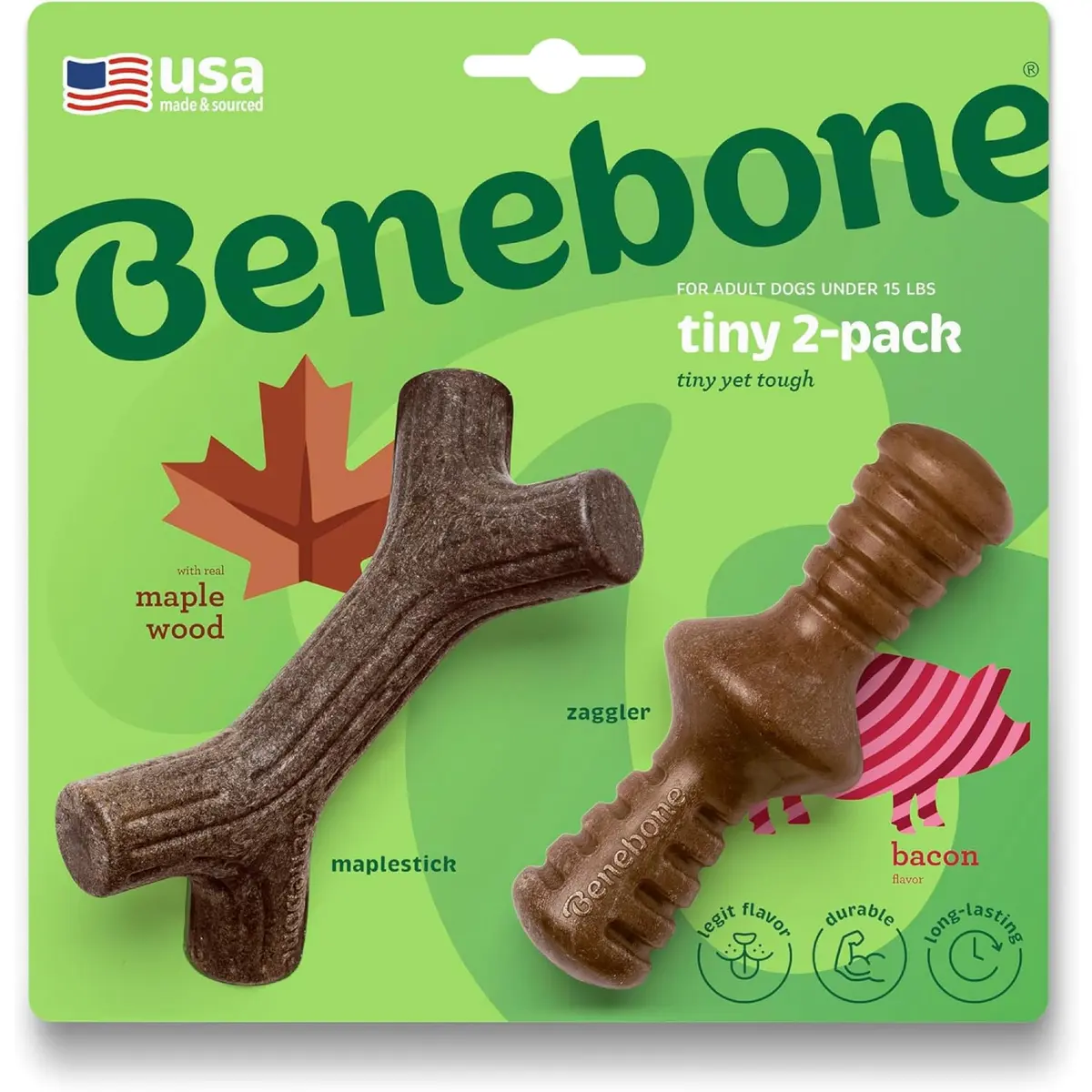 Benebone 2-Pack Maplestick/Zaggler Durable Dog Chew Toys, Tiny, 3.8 oz (108 g) | Real Bacon & Maple Wood Flavors - main product image
