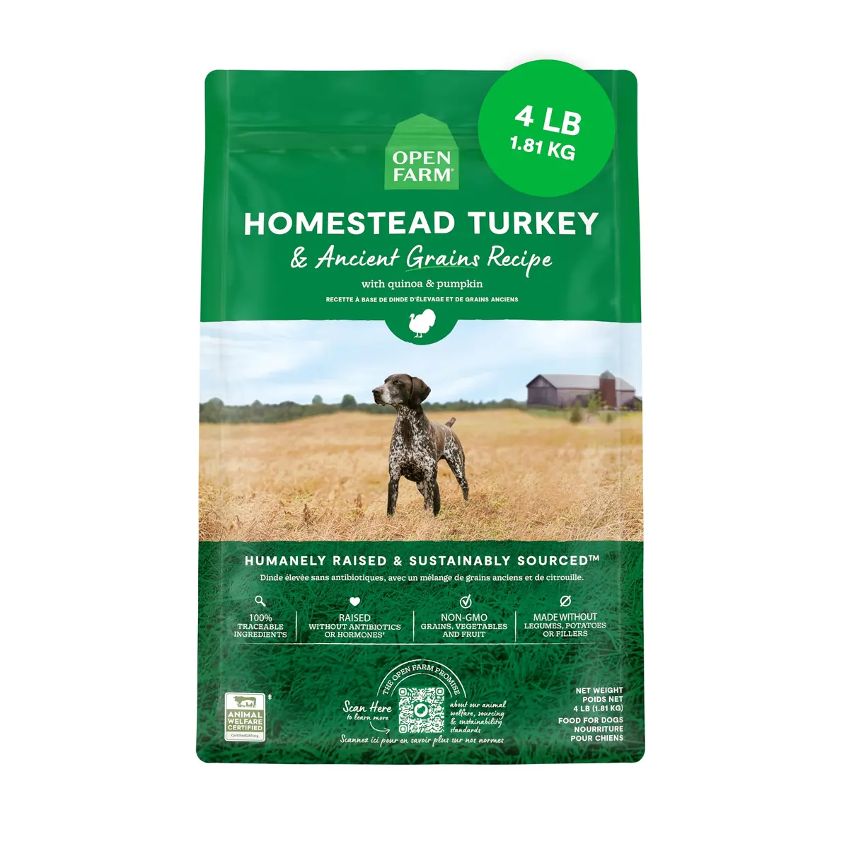Open Farm Ancient Grains Dry Dog Food, Homestead Turkey Kibble, 1.81kg (4lb) | Heart-Healthy & Balanced Nutrition - main product image
