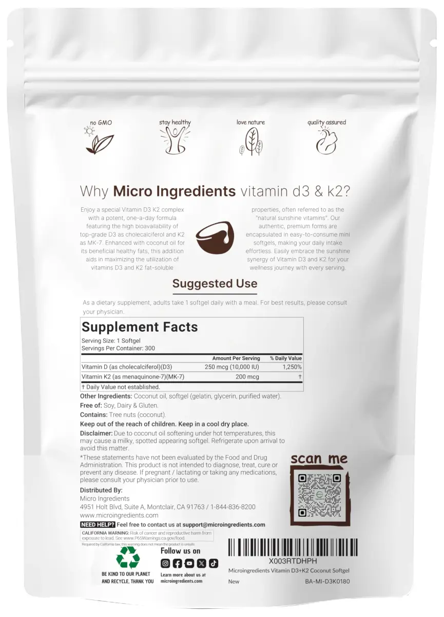 Micro Ingredients Vitamin D3 K2 MK-7 10,000 IU 300 Softgels | Bone Health Support with Coconut Oil - view 4