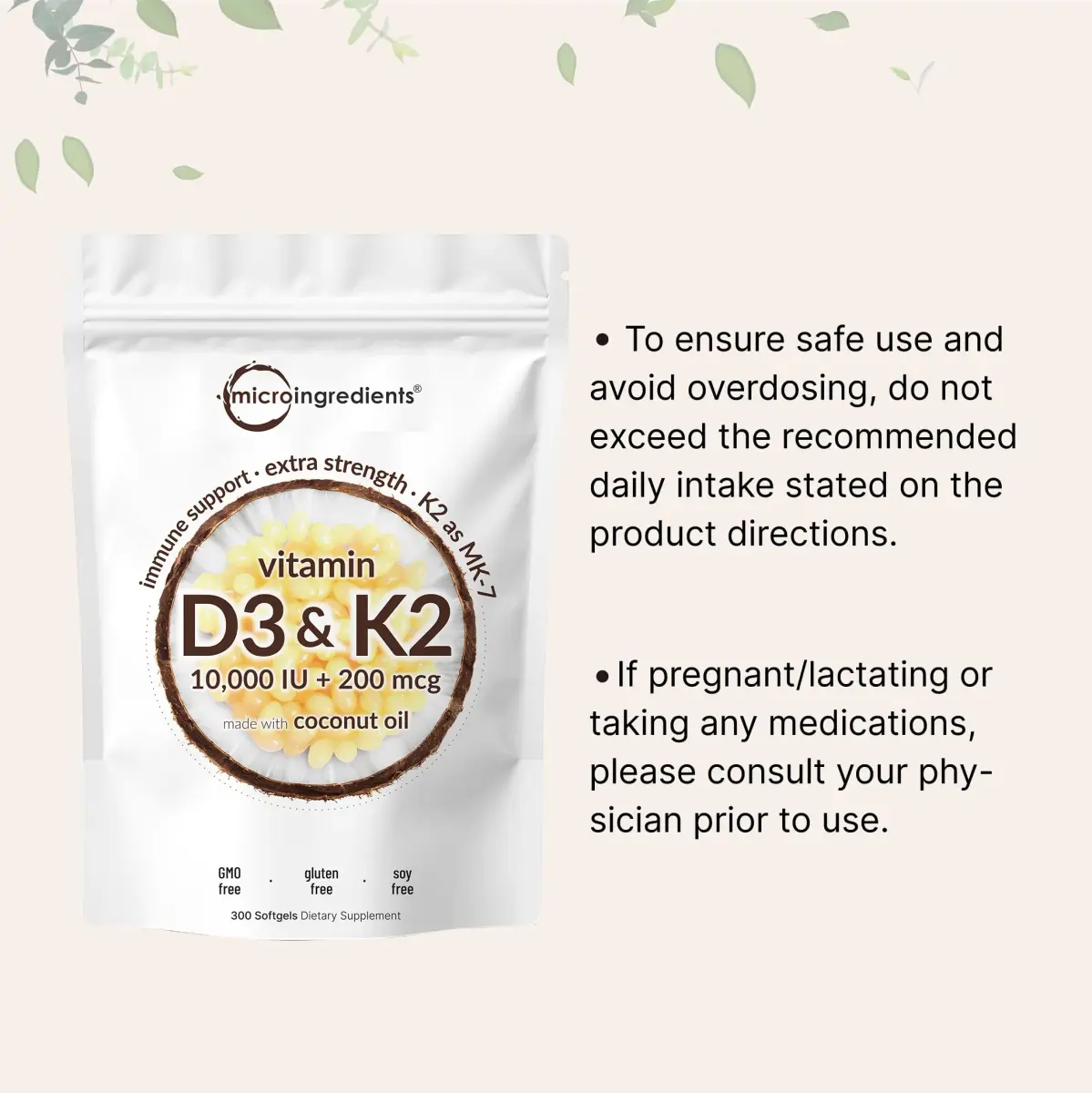 Micro Ingredients Vitamin D3 K2 MK-7 10,000 IU 300 Softgels | Bone Health Support with Coconut Oil - view 7