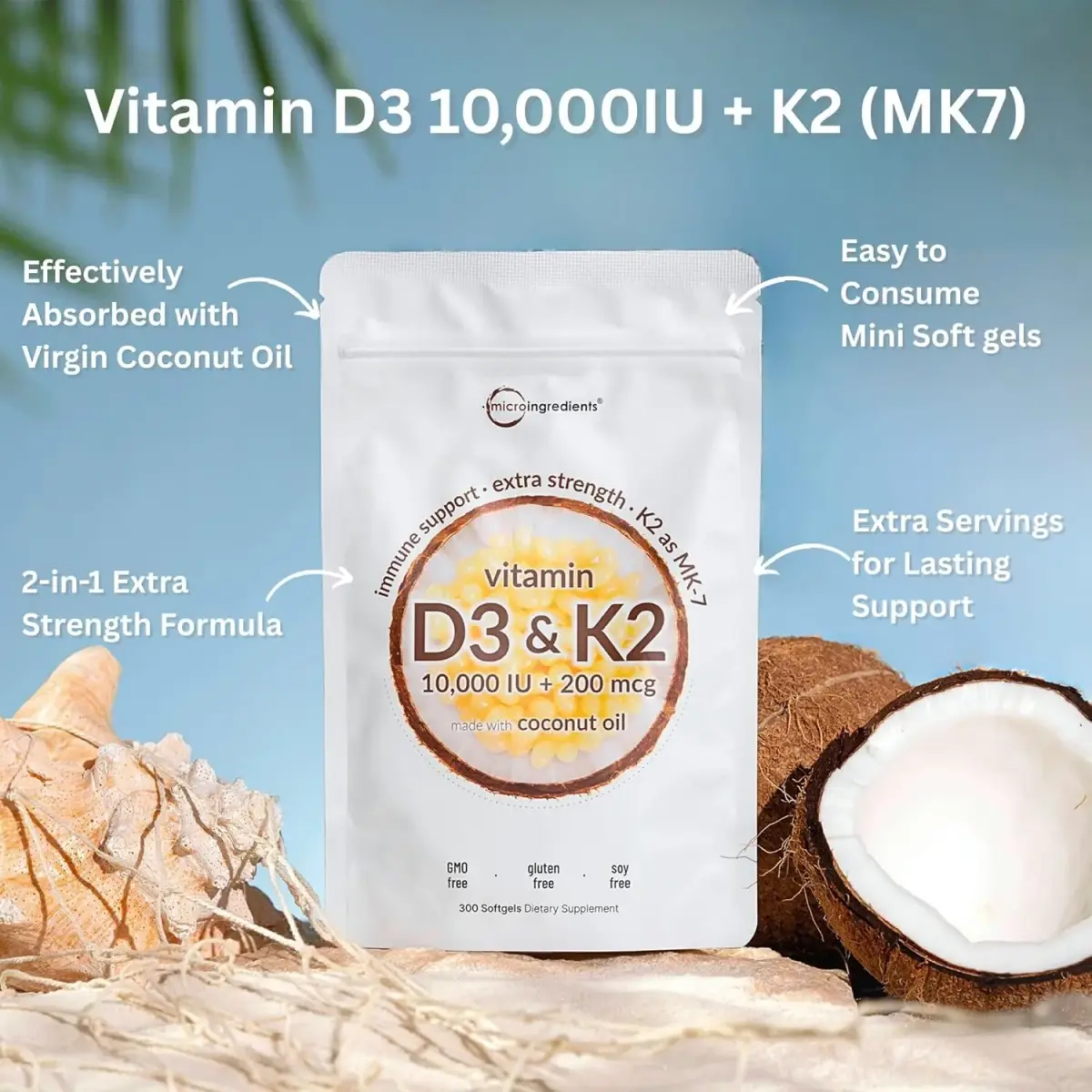 Micro Ingredients Vitamin D3 K2 MK-7 10,000 IU 300 Softgels | Bone Health Support with Coconut Oil - view 2