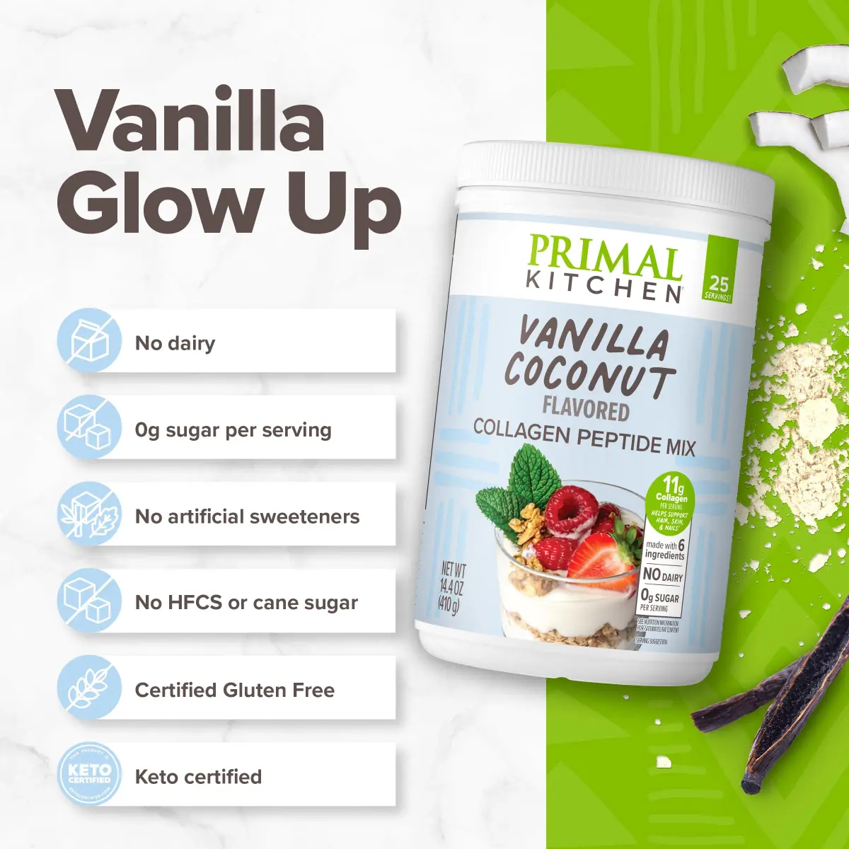 Primal Kitchen Vanilla Coconut Collagen Fuel Drink Mix 20 Ounces (567g) | 11g Bovine Collagen Peptides for Skin, Hair & Nails - view 2