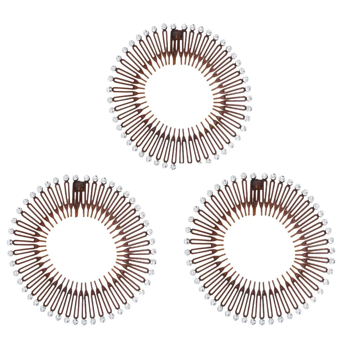 TUICARE Full Circular Stretch Hairband Holder with 49 Teeth, Brown with Diamond (3-Pack) | Secure Hold for All Hair Types - main product image