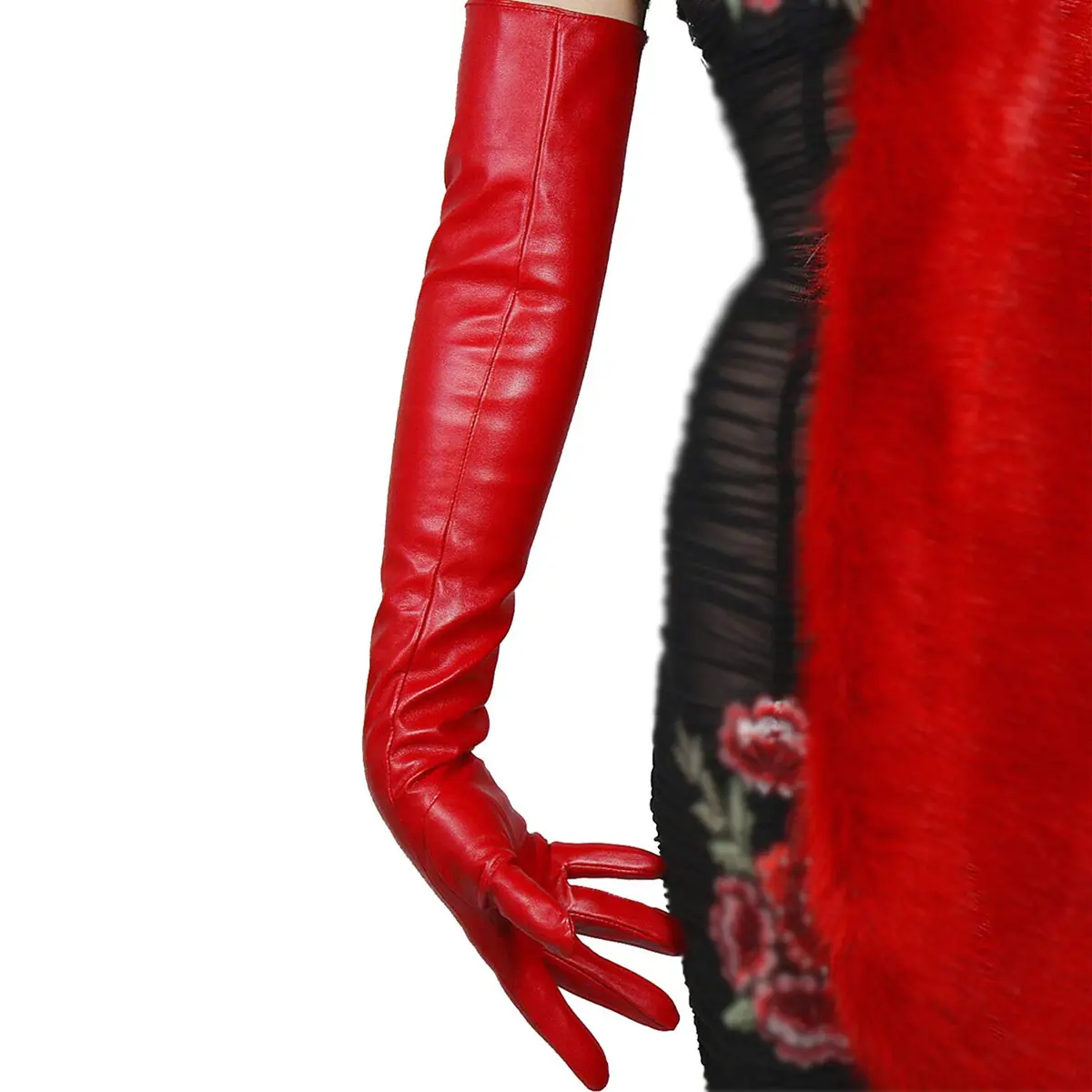 DooWay Red Long Leather Gloves - 24" Women's Faux Leather Opera Gloves for Evening, Halloween, Cosplay - main product image