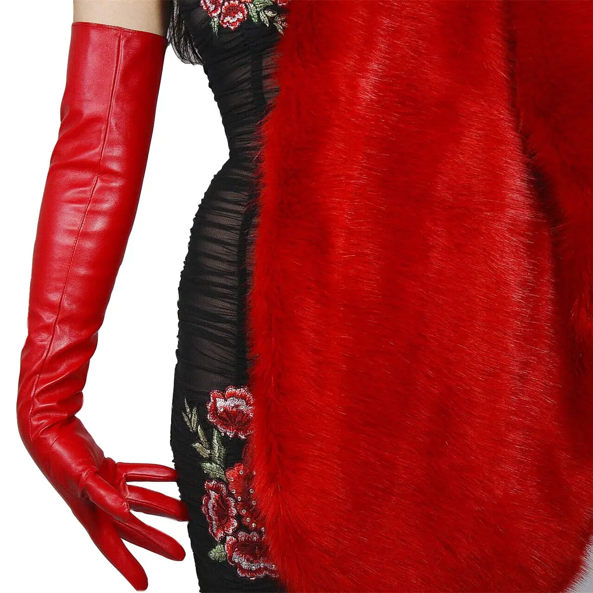 DooWay Red Long Leather Gloves - 24" Women's Faux Leather Opera Gloves for Evening, Halloween, Cosplay - view 5