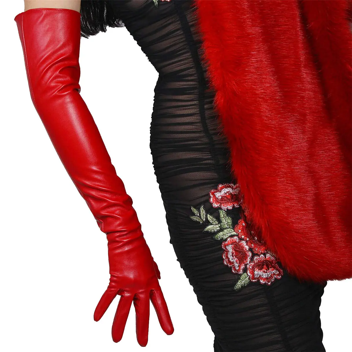 DooWay Red Long Leather Gloves - 24" Women's Faux Leather Opera Gloves for Evening, Halloween, Cosplay - view 6