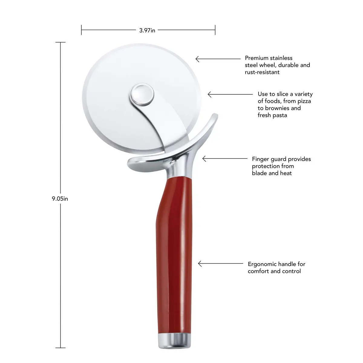 KitchenAid Classic Pizza Wheel with Sharp Blade 23cm (9-Inch) Red | Cuts Crusts, Pies & More Safely - view 2