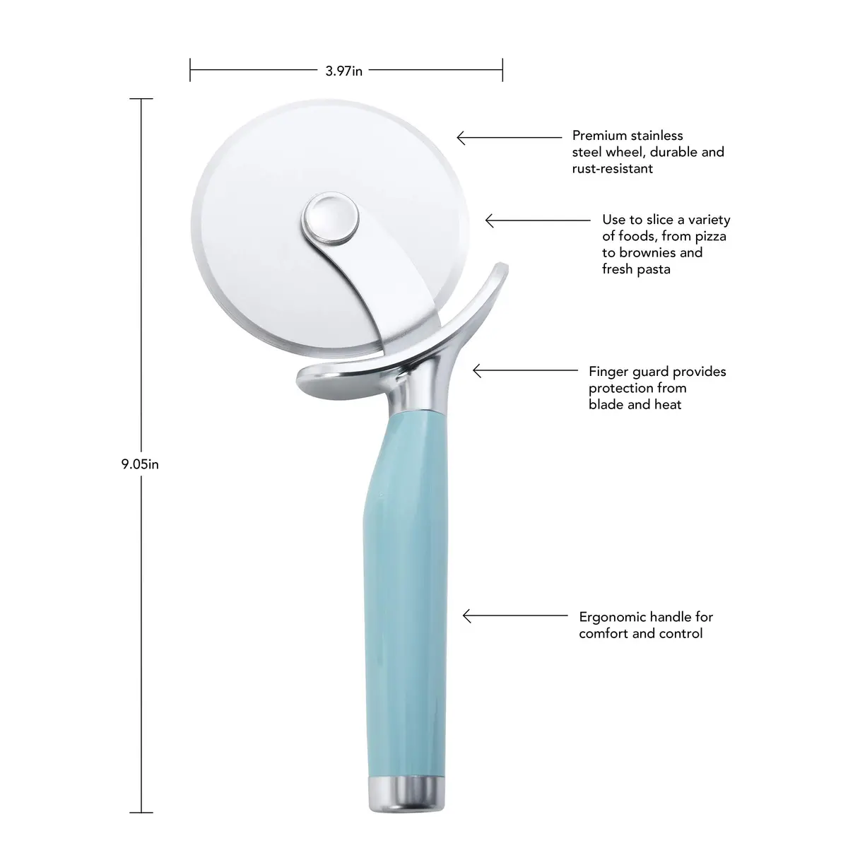 KitchenAid Classic Pizza Wheel with Sharp Blade 9-Inch Aqua Sky | Safe, Dishwasher Safe, Ergonomic Grip - view 3