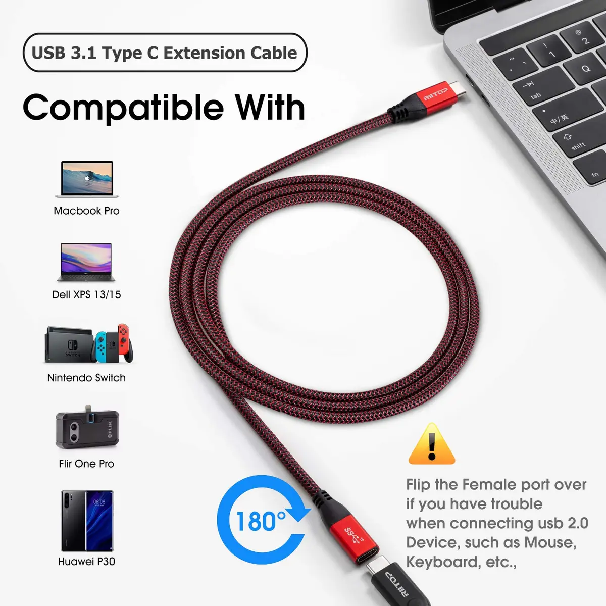 RIITOP USB-C Extension Cable 2ft (0.6m) Red | 10Gbps Data & 4K Video Transfer - view 5