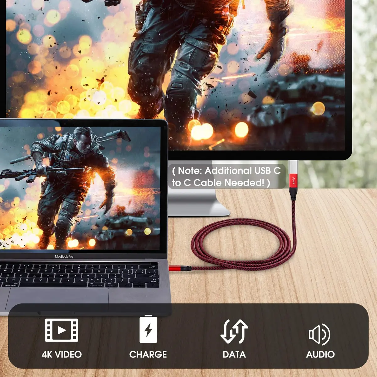 RIITOP USB-C Extension Cable 2ft (0.6m) Red | 10Gbps Data & 4K Video Transfer - view 6