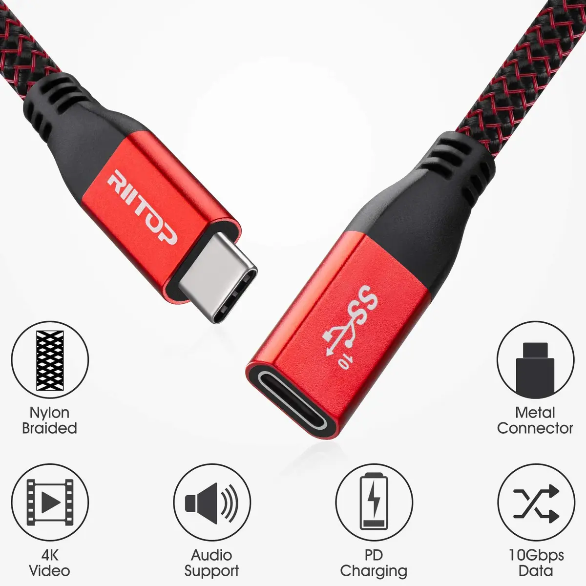 RIITOP USB-C Extension Cable 2ft (0.6m) Red | 10Gbps Data & 4K Video Transfer - view 2
