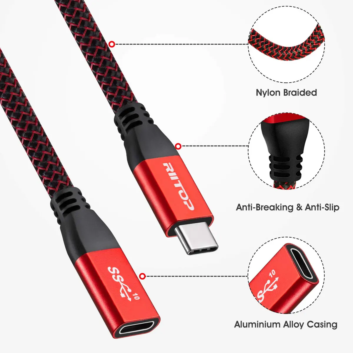 RIITOP USB-C Extension Cable 2ft (0.6m) Red | 10Gbps Data & 4K Video Transfer - view 3