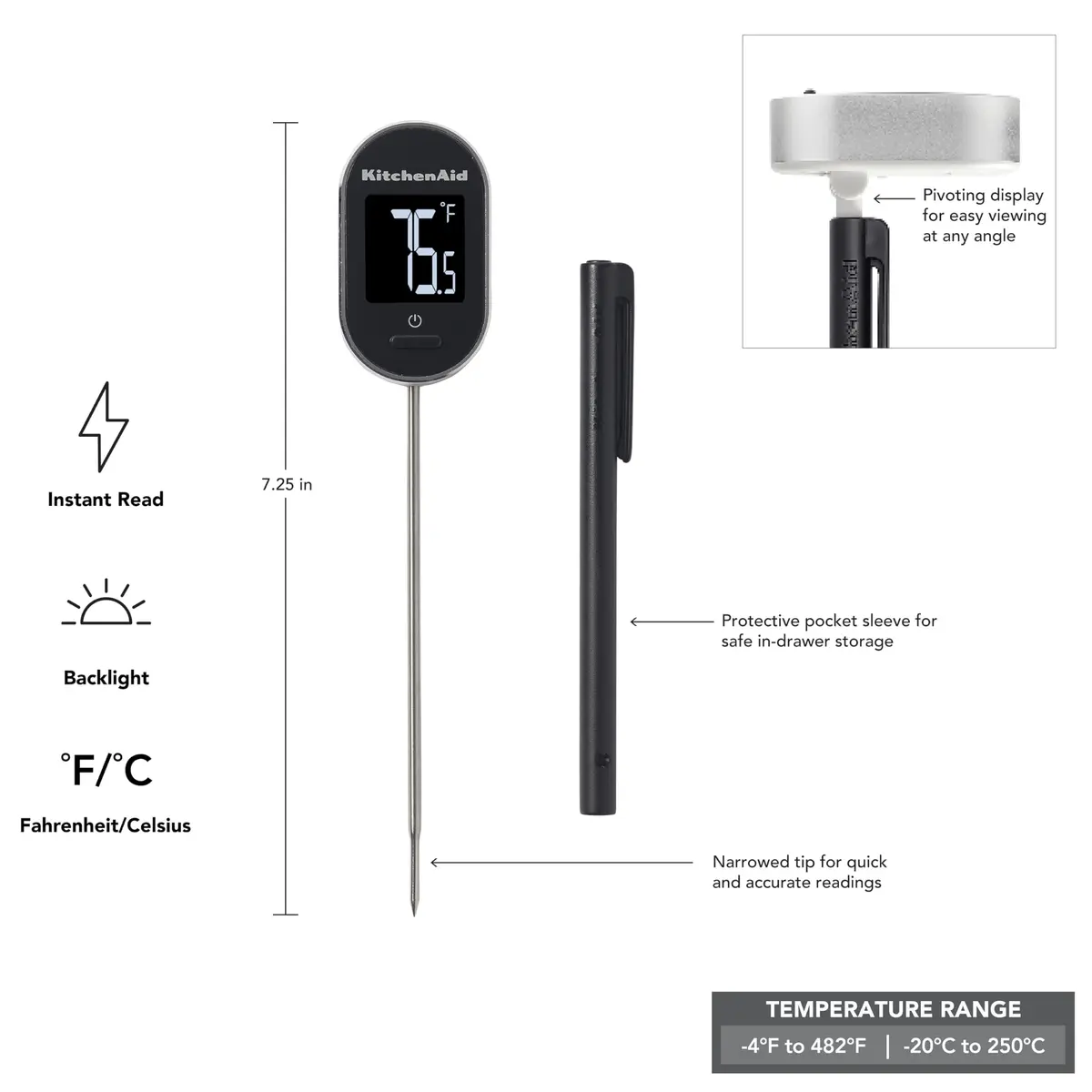 KitchenAid Black Digital Instant Read Food Thermometer 7.5in (19cm) | Pivoting Display for Easy Viewing - view 2