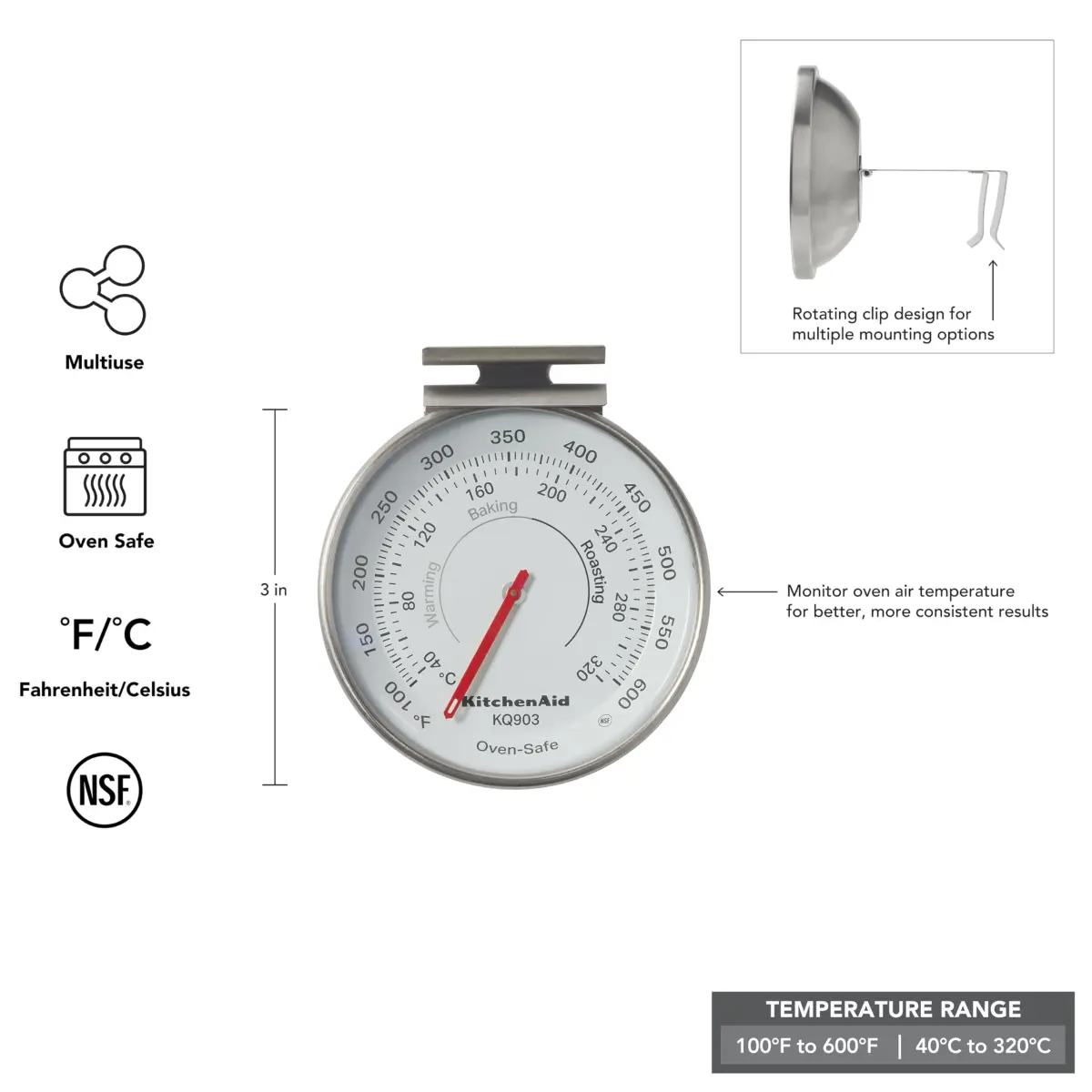 KitchenAid 3-inch Dial Oven Thermometer | 40°C to 320°C (100°F to 600°F) | Stainless Steel - view 2
