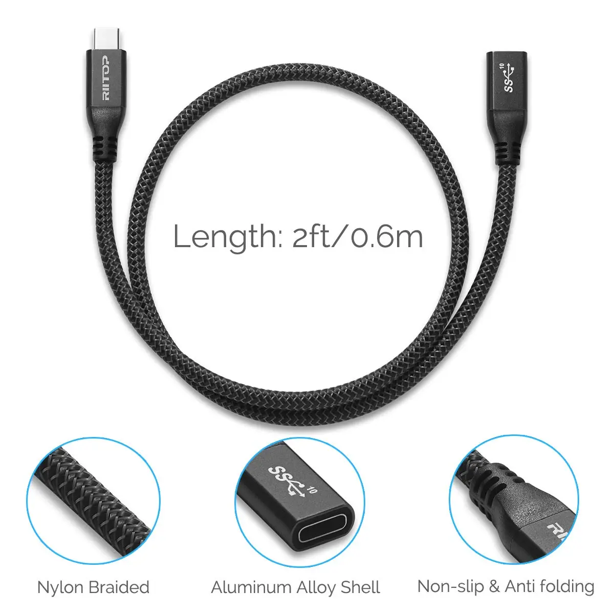 RIITOP USB-C Extension Cable 2ft (0.6m) | 10Gbps Data Transfer & 100W Charging - view 5