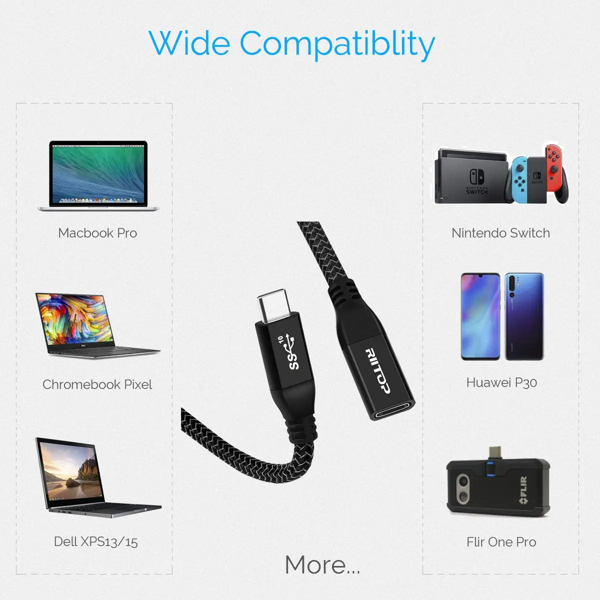 RIITOP USB-C Extension Cable 2ft (0.6m) | 10Gbps Data Transfer & 100W Charging - view 7