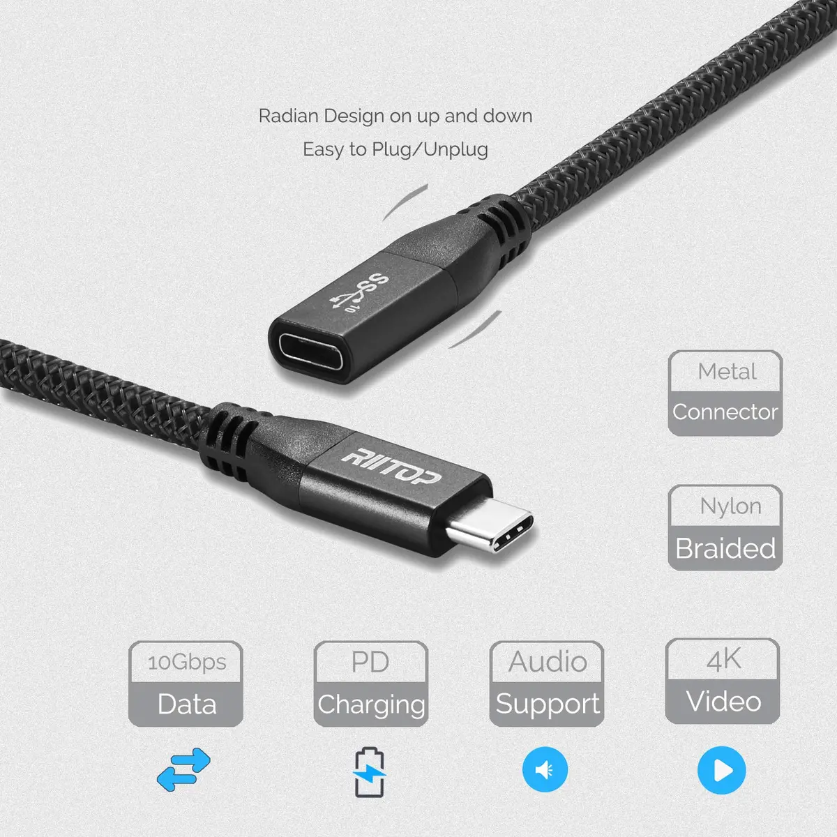 RIITOP USB-C Extension Cable 2ft (0.6m) | 10Gbps Data Transfer & 100W Charging - view 2