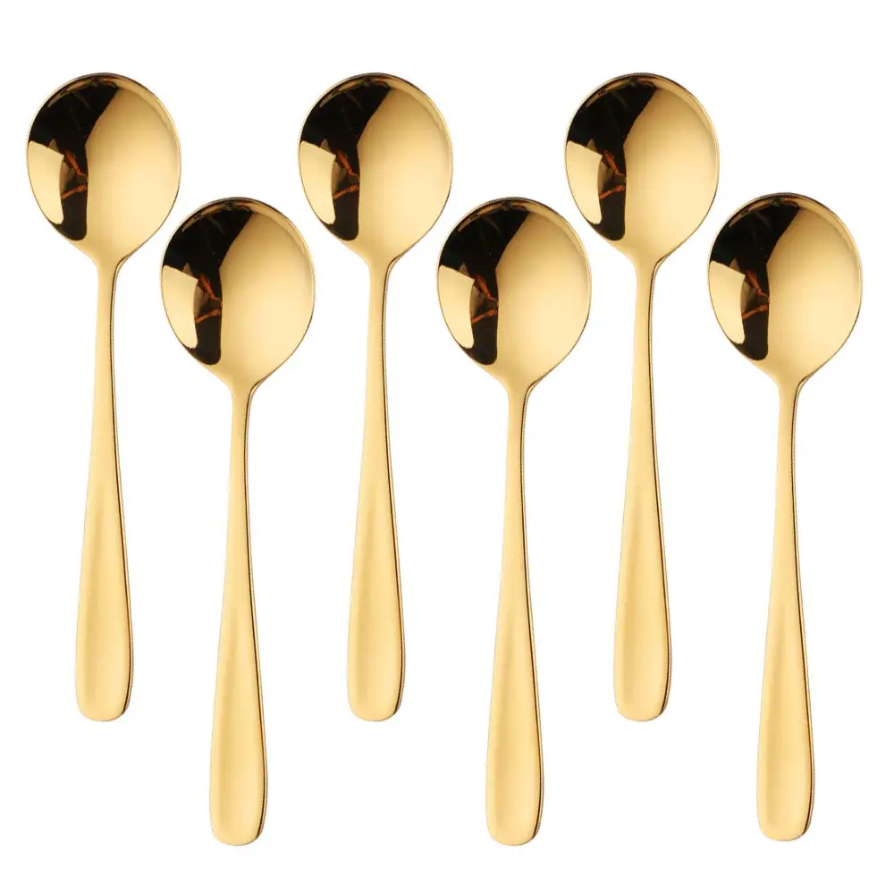 Buyer Star 7-Inch Round Soup Spoons, 18/10 Stainless Steel, Set of 6 | Gold Finish - main product image