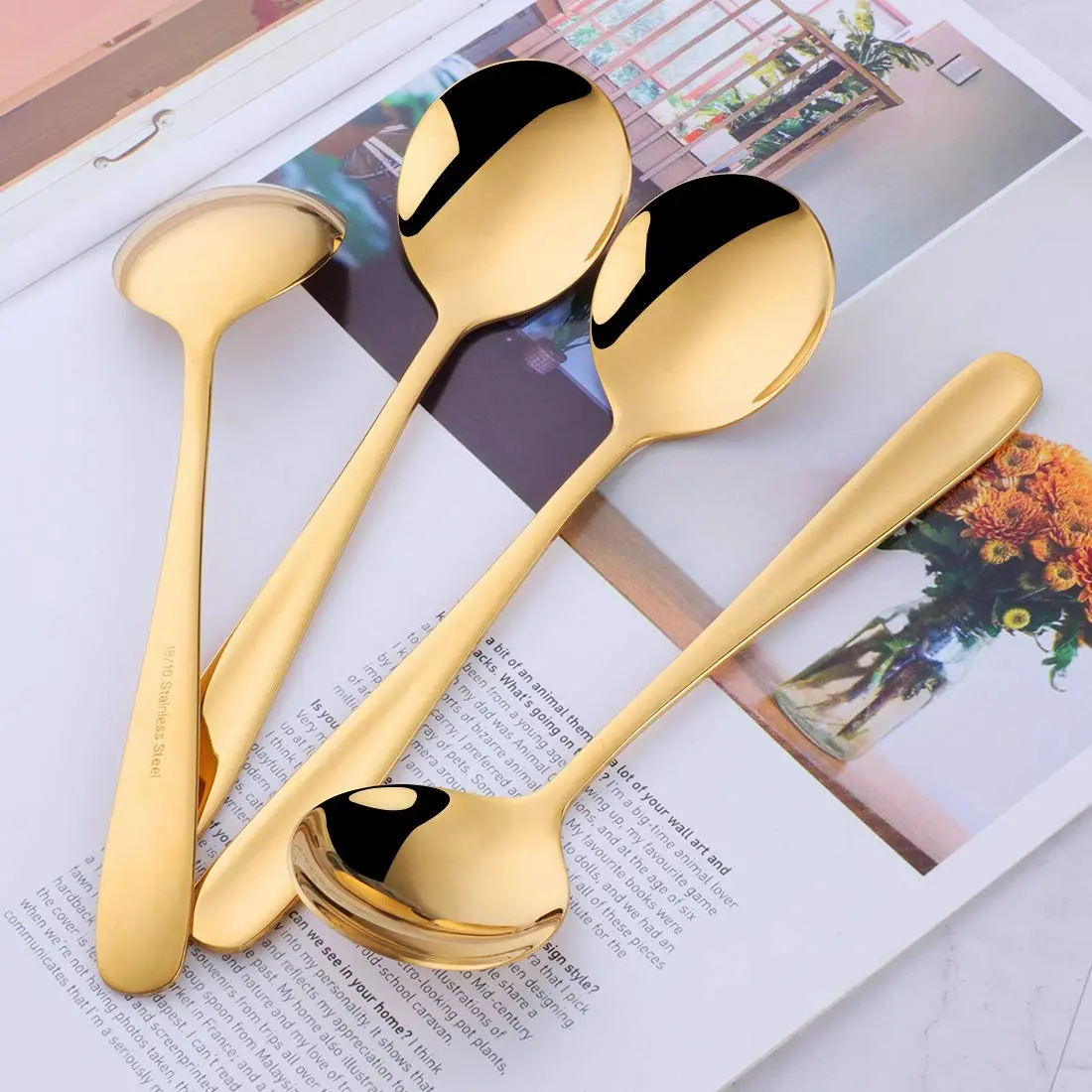 Buyer Star 7-Inch Round Soup Spoons, 18/10 Stainless Steel, Set of 6 | Gold Finish - view 2