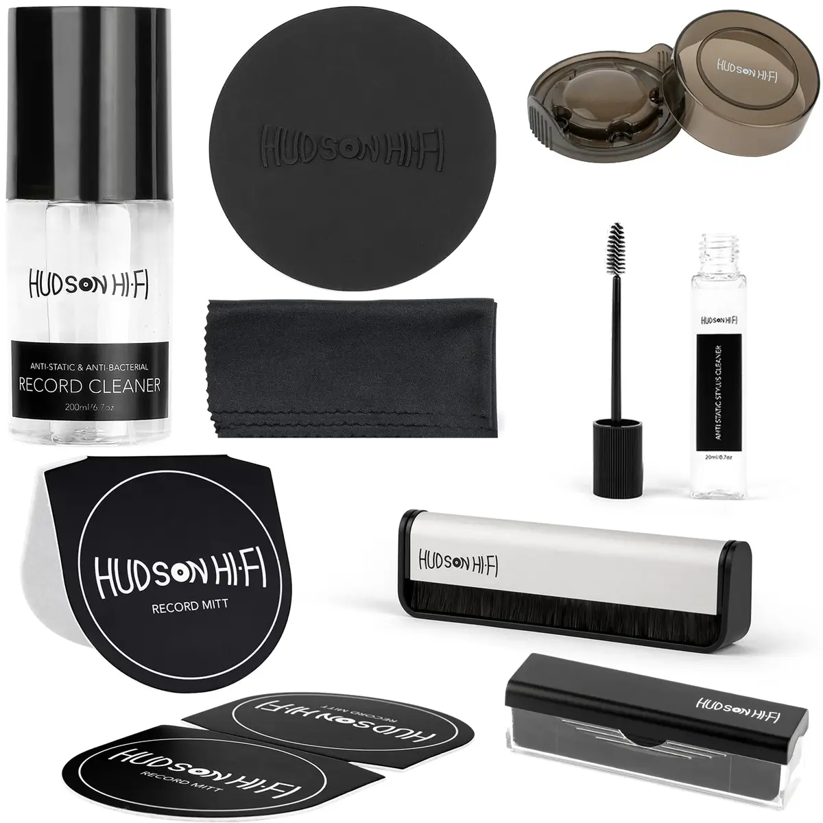 Hudson Hi-Fi 9-in-1 Vinyl Record Cleaning Kit – Anti-Static Cleaner, Carbon Fiber & Velvet Brushes, Stylus Gel, Microfiber Cloth, Mitts & Label Protector for LP Care - main product image