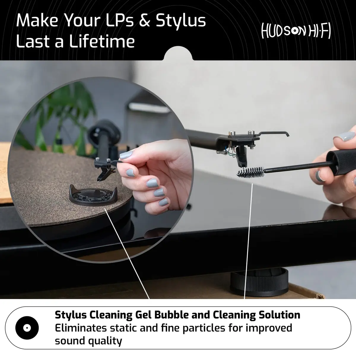 Hudson Hi-Fi 9-in-1 Vinyl Record Cleaning Kit – Anti-Static Cleaner, Carbon Fiber & Velvet Brushes, Stylus Gel, Microfiber Cloth, Mitts & Label Protector for LP Care - view 7