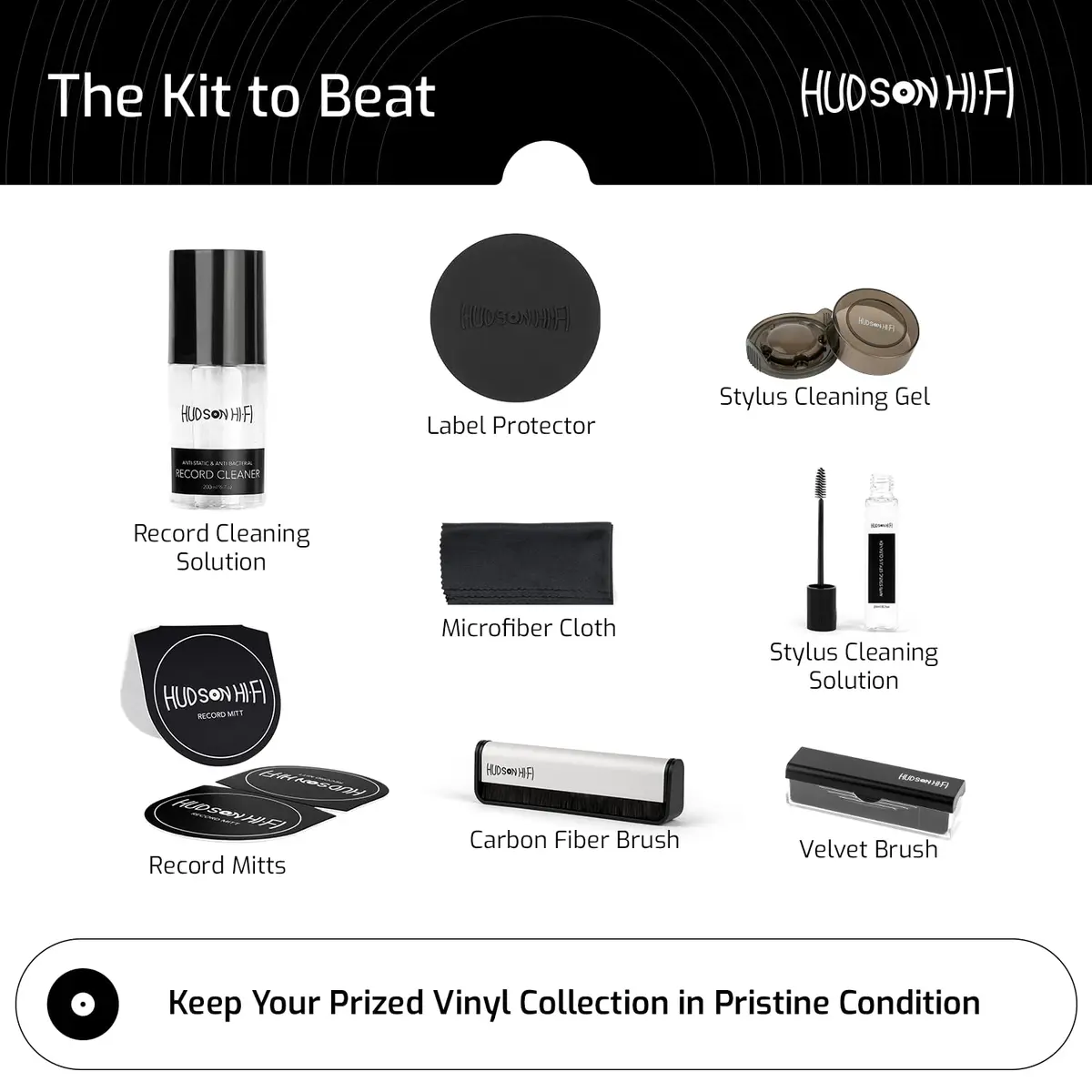Hudson Hi-Fi 9-in-1 Vinyl Record Cleaning Kit – Anti-Static Cleaner, Carbon Fiber & Velvet Brushes, Stylus Gel, Microfiber Cloth, Mitts & Label Protector for LP Care - view 3
