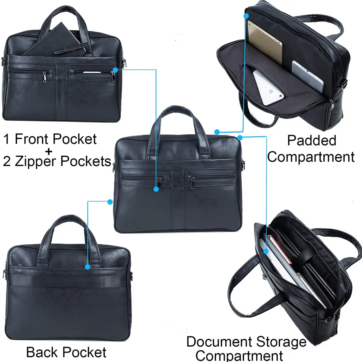 seyfocnia Men's Leather Messenger Bag 15.6 Inch Laptop | Water-Resistant PU Leather, Multiple Compartments, Adjustable Shoulder Strap - view 4