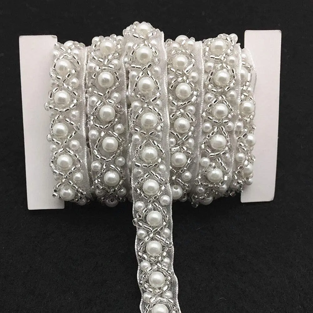 FQTANJU 3 Yards White Beaded Crystal Rhinestone Applique | Vintage Bridal Embellishment for Dress & Accessories - main product image