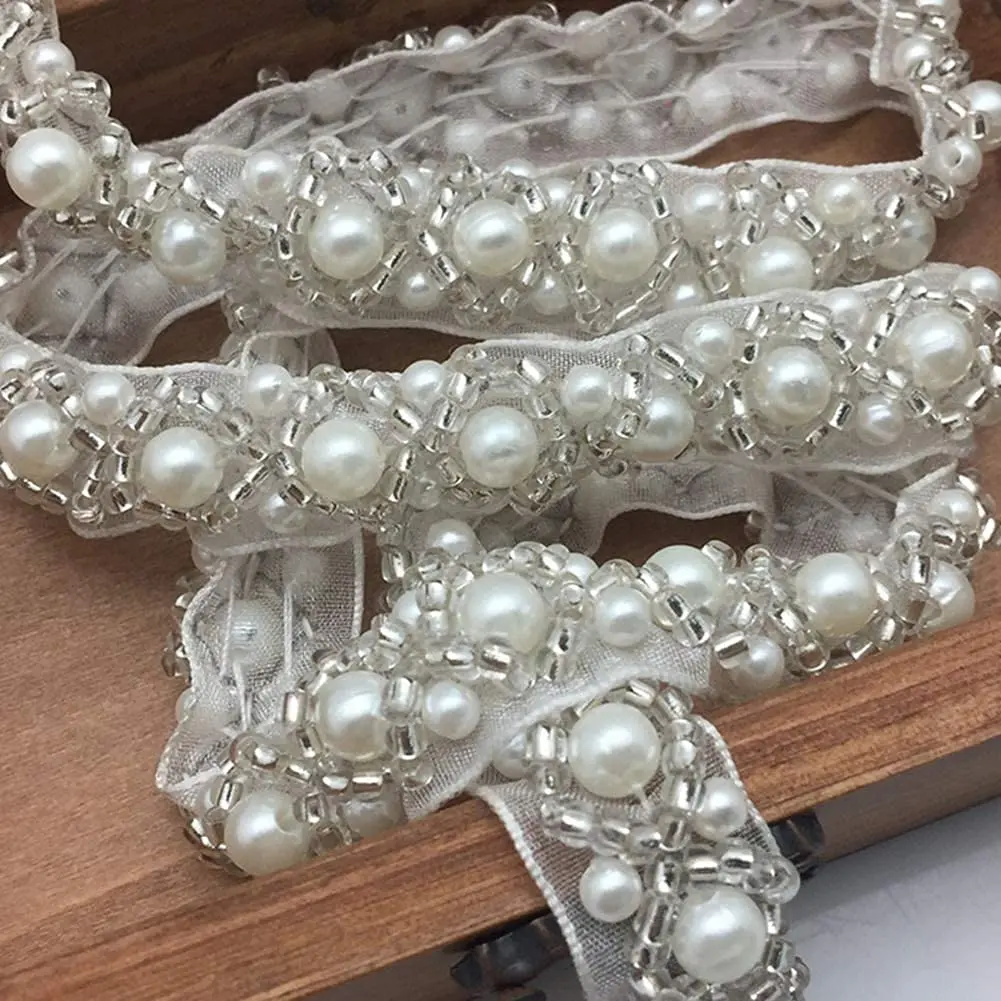 FQTANJU 3 Yards White Beaded Crystal Rhinestone Applique | Vintage Bridal Embellishment for Dress & Accessories - view 2