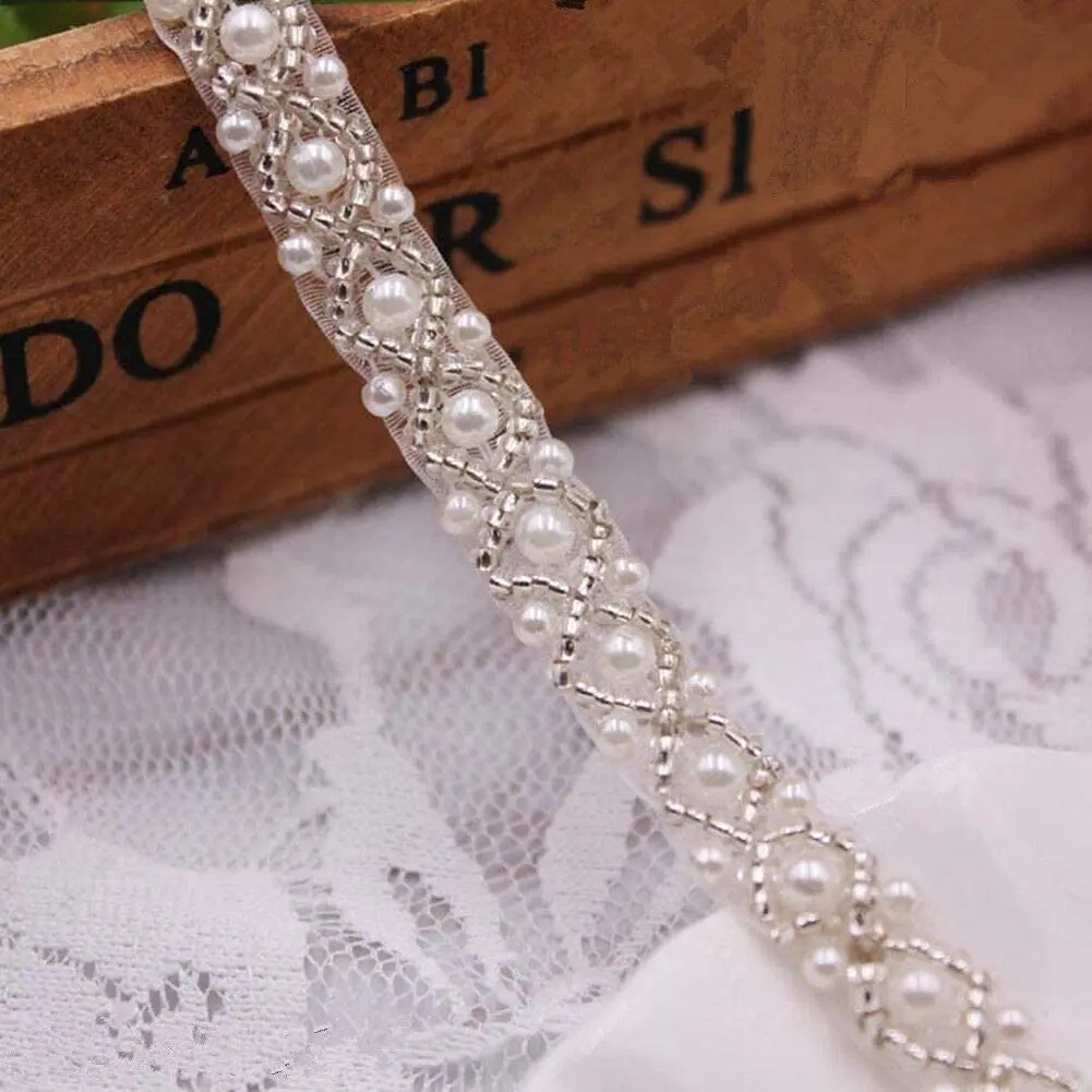 FQTANJU 3 Yards White Beaded Crystal Rhinestone Applique | Vintage Bridal Embellishment for Dress & Accessories - view 3