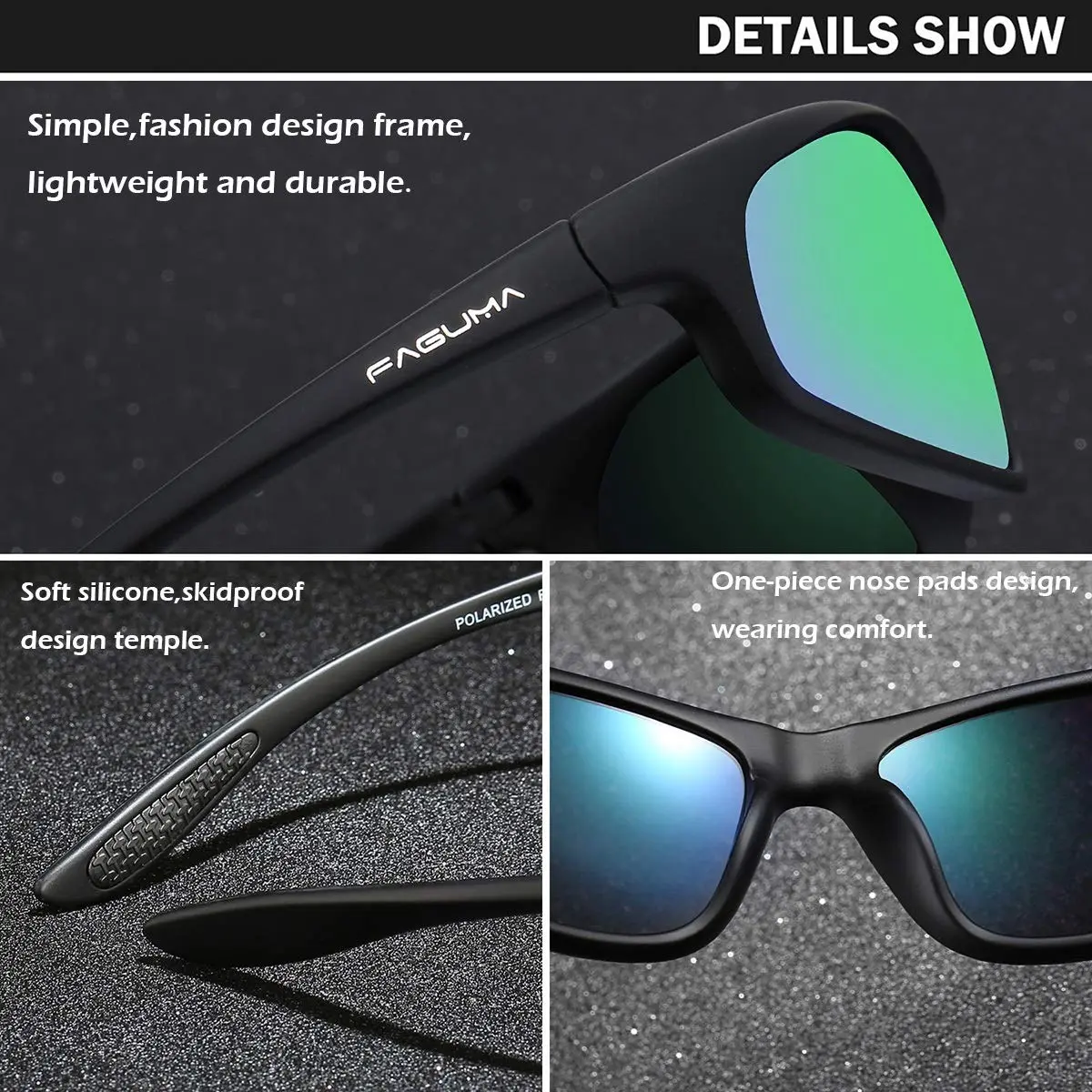 FAGUMA Polarized Sports Sunglasses For Men UV400 Protection Matte Black/Green Mirror | Polarized, Anti-Glare, Lightweight - view 5