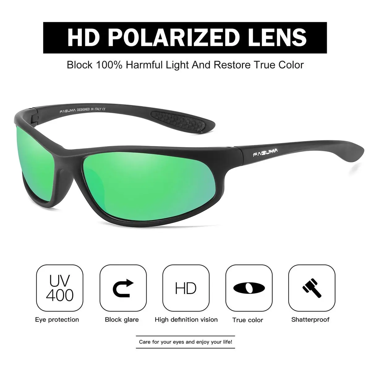 FAGUMA Polarized Sports Sunglasses For Men UV400 Protection Matte Black/Green Mirror | Polarized, Anti-Glare, Lightweight - view 3