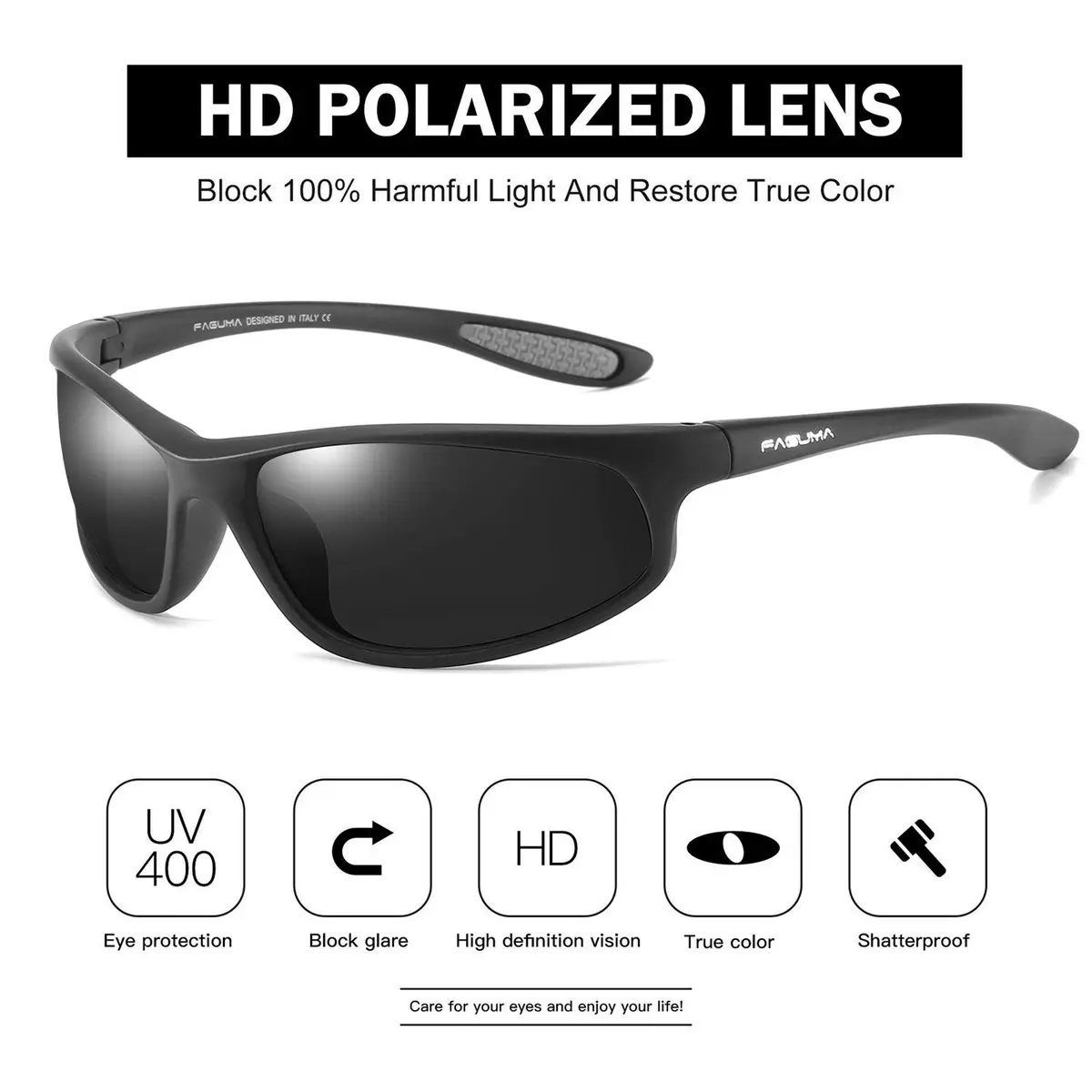 FAGUMA Polarized Sports Sunglasses for Men | UV400 Protection, Matte Black/Grey - view 3